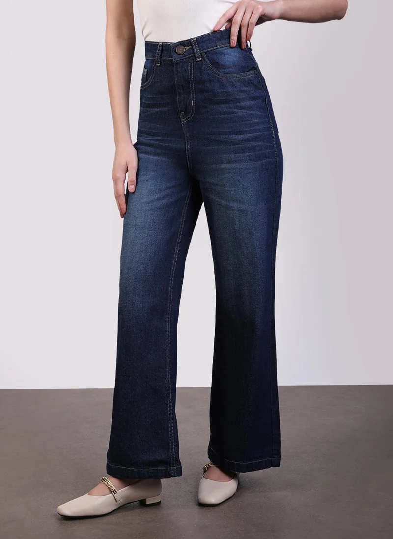 Urbano Fashion  Urbano Fashion Women's Dark Blue Regular Fit Wide Leg Washed Jeans for Women | Best Price UAE